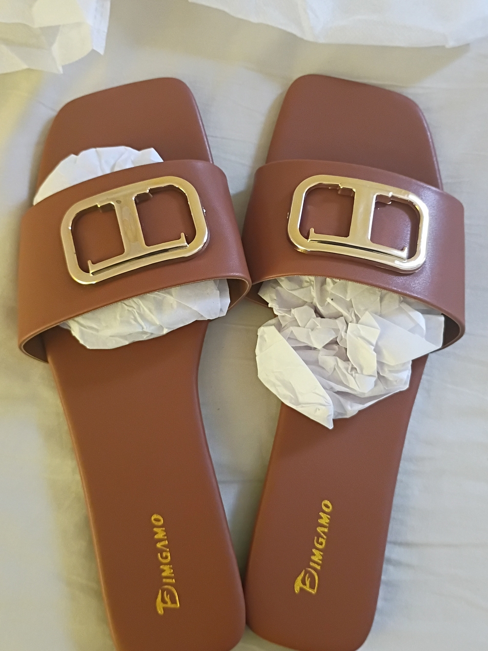Women's Tan Slide Sandals with Gold Buckle